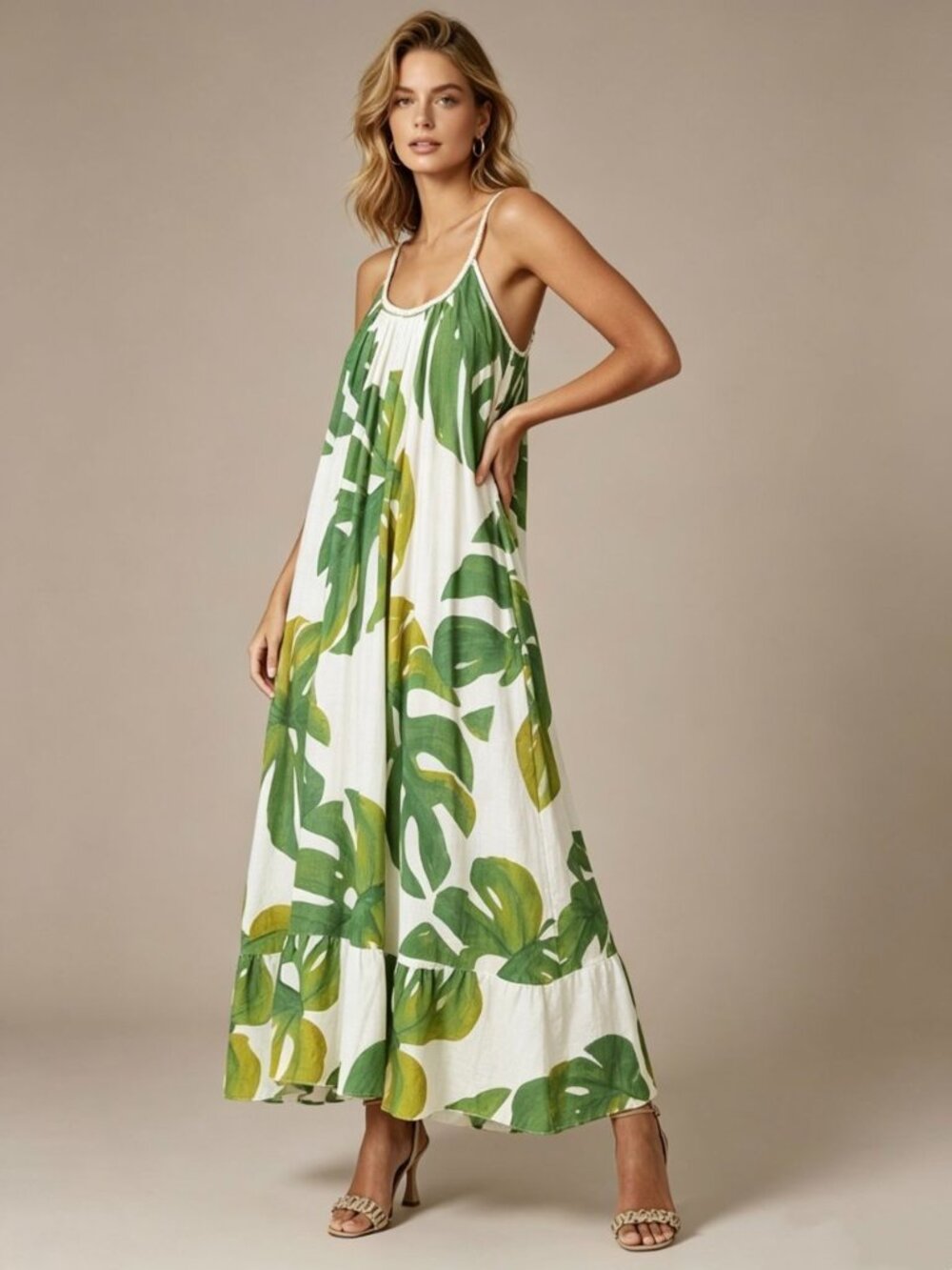 NWOT Farm Rio Linen Blend Green Leaf Print Sleeveless Maxi Dress Size XS
